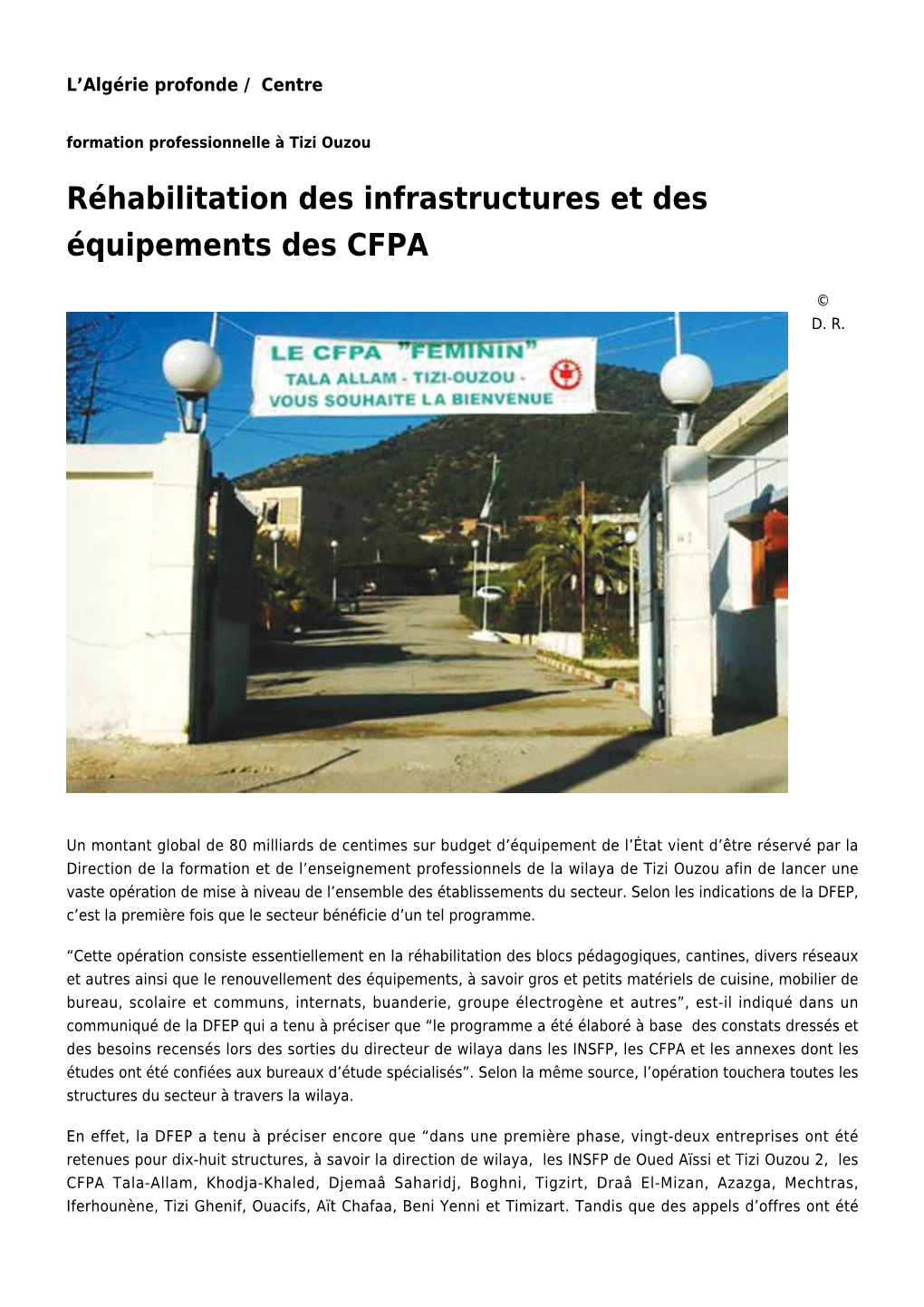 Réhabilitation Des Infrastructures Et Des Équipements Des CFPA