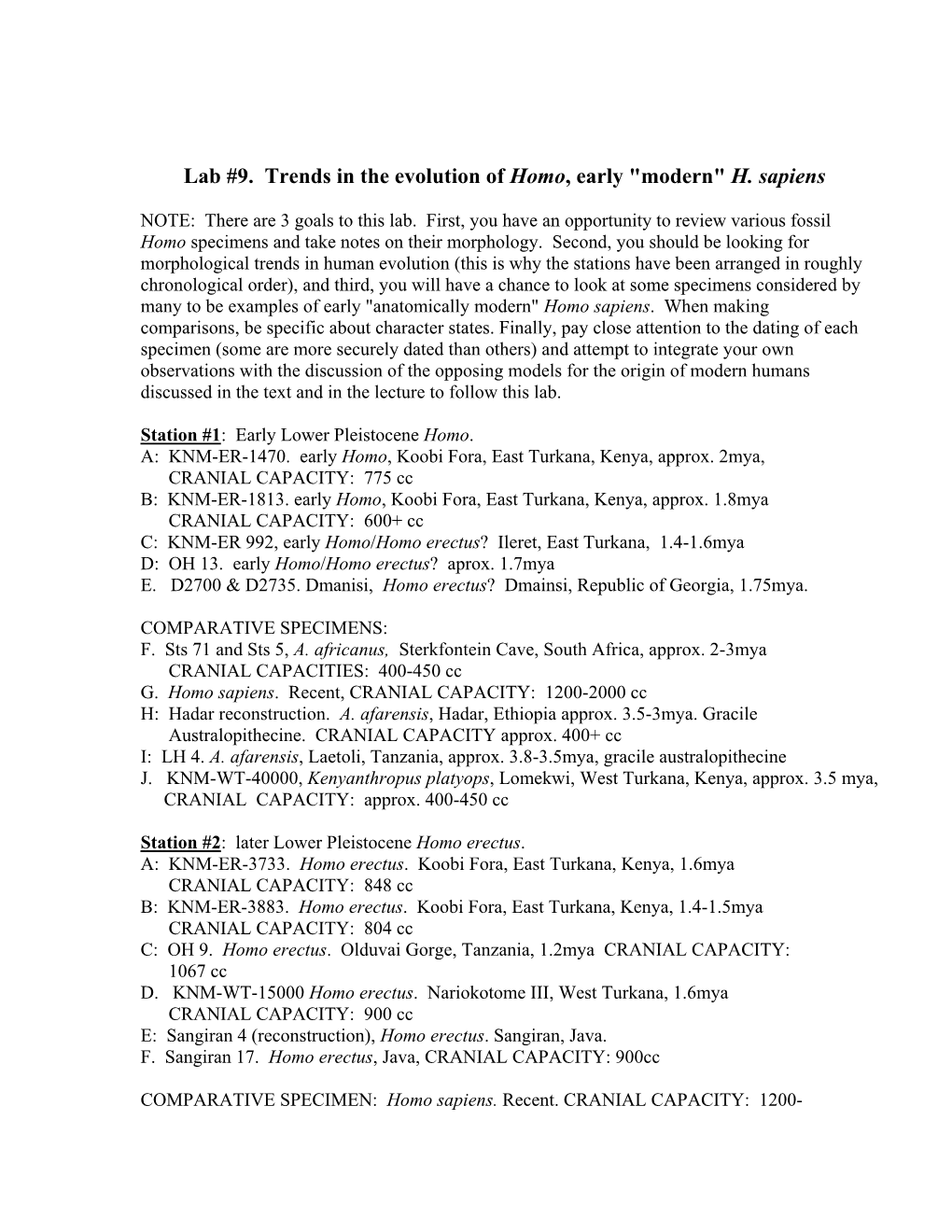 Lab #9. Trends in the Evolution of Homo, Early 