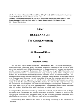 Liber DCCCLXXXVIII the Gospel According to St. Bernard Shaw