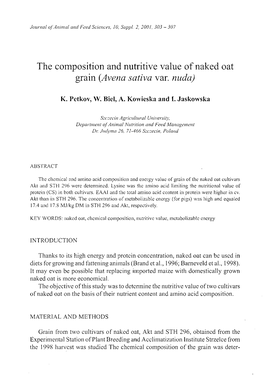 The Composition and Nutritive Value of Naked Oat Grain (Avena Sativa Var