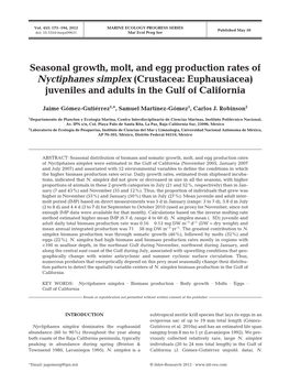 Seasonal Growth, Molt, and Egg Production Rates of Nyctiphanes Simplex (Crustacea: Euphausiacea) Juveniles and Adults in the Gulf of California