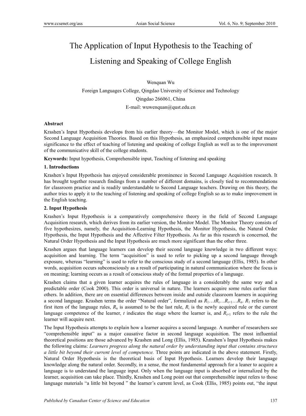 The Application of Input Hypothesis to the Teaching of Listening and Speaking of College English