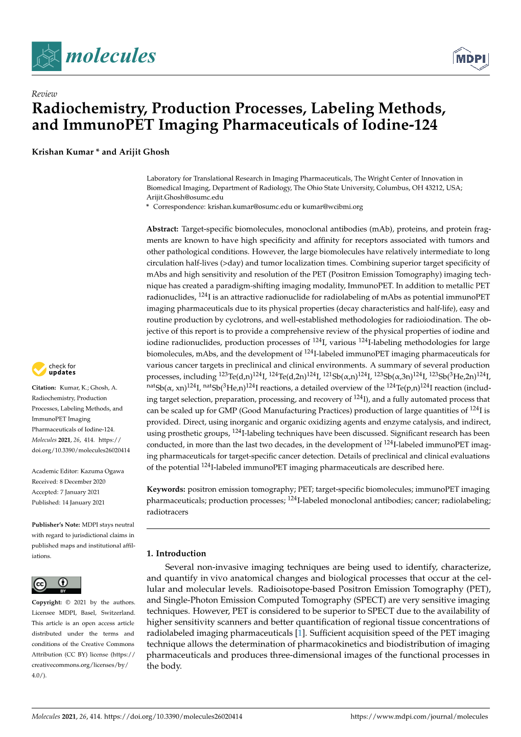 Radiochemistry, Production Processes, Labeling Methods, and Immunopet Imaging Pharmaceuticals of Iodine-124