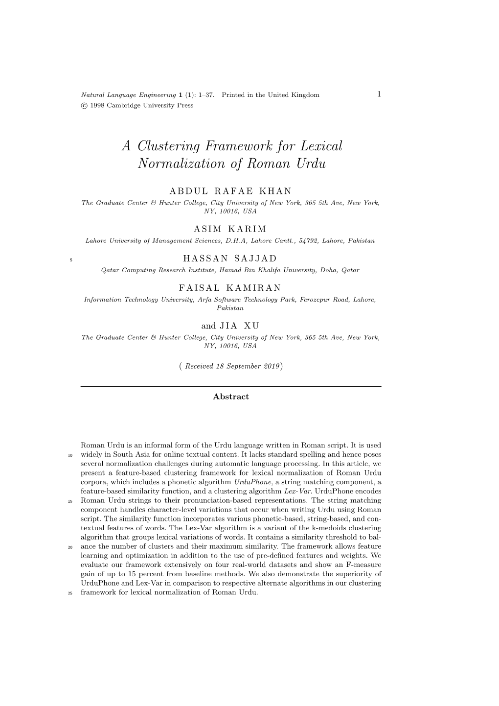 A Clustering Framework for Lexical Normalization of Roman Urdu