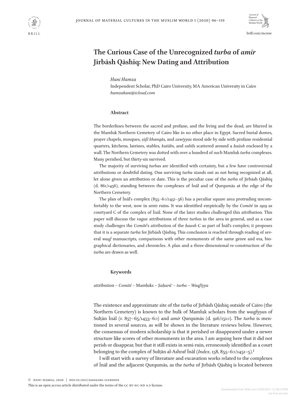 Downloaded from Brill.Com10/08/2021 12:58:31PM Via Free Access the Curious Case of the Unrecognized Turba of Amīr Jirbāsh Qāshiq 97 Them