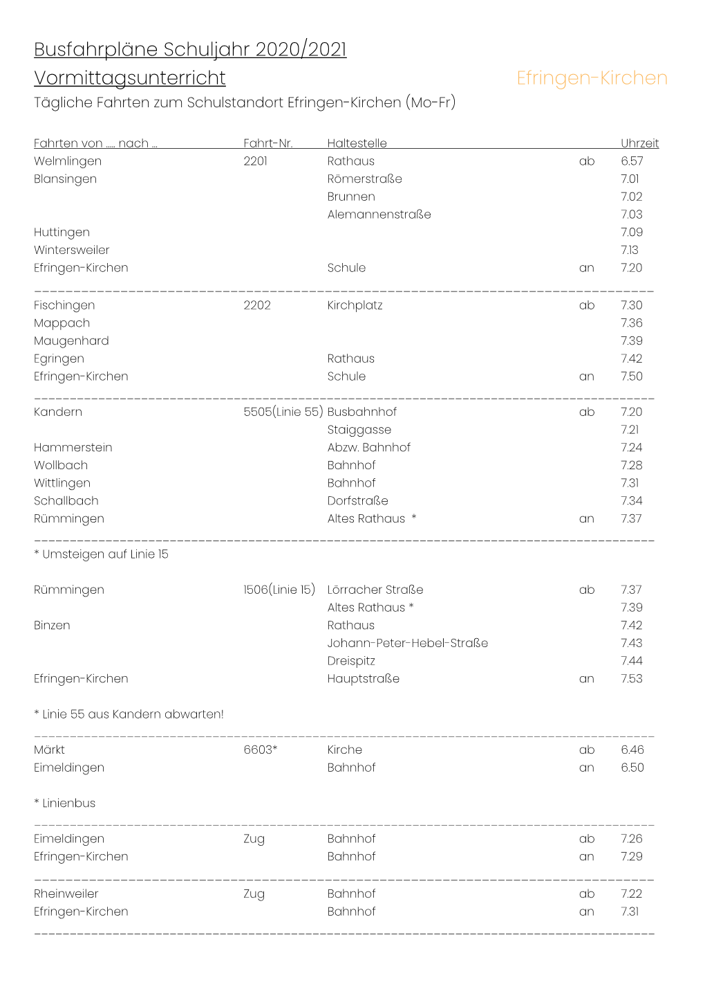 Busfahrpläne Schuljahr 2020/2021 Vormittagsunterricht Efringen-Kirchen Tägliche Fahrten Zum Schulstandort Efringen-Kirchen (Mo-Fr)
