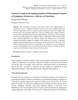 Current Trends in the Implementation of Educational Concerts of Symphony Orchestras: a Review of Literature LEONI HADJITHOMA European University, Cyprus