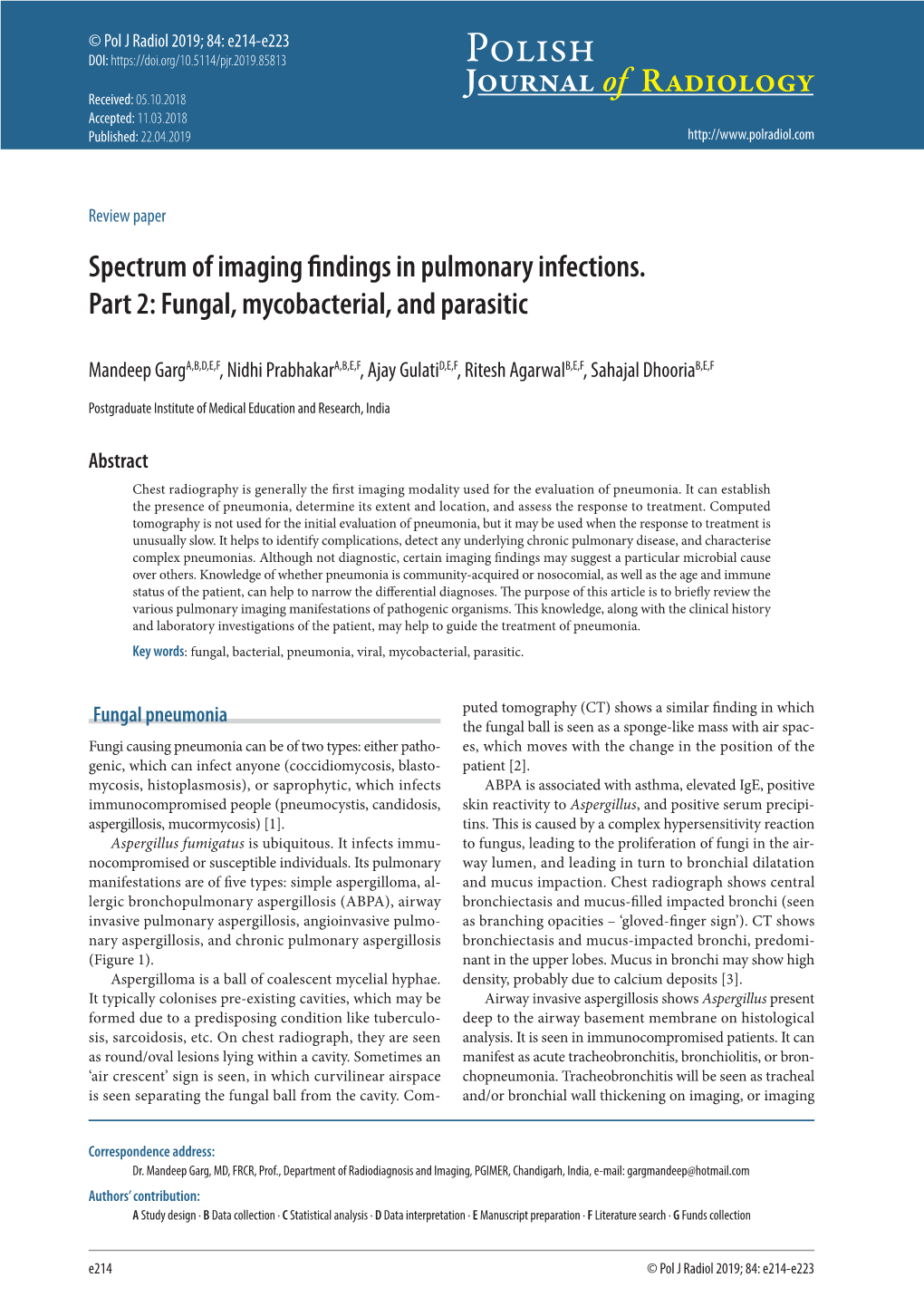 Spectrum of Imaging Findings in Pulmonary Infections. Part 2: Fungal, Mycobacterial, and Parasitic