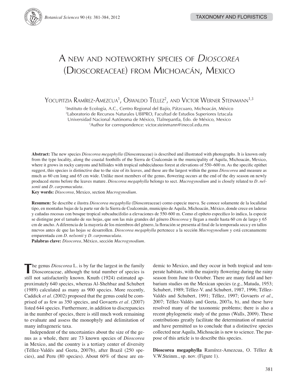 A New and Noteworthy Species of Dioscorea (Dioscoreaceae) from Michoacán, Mexico