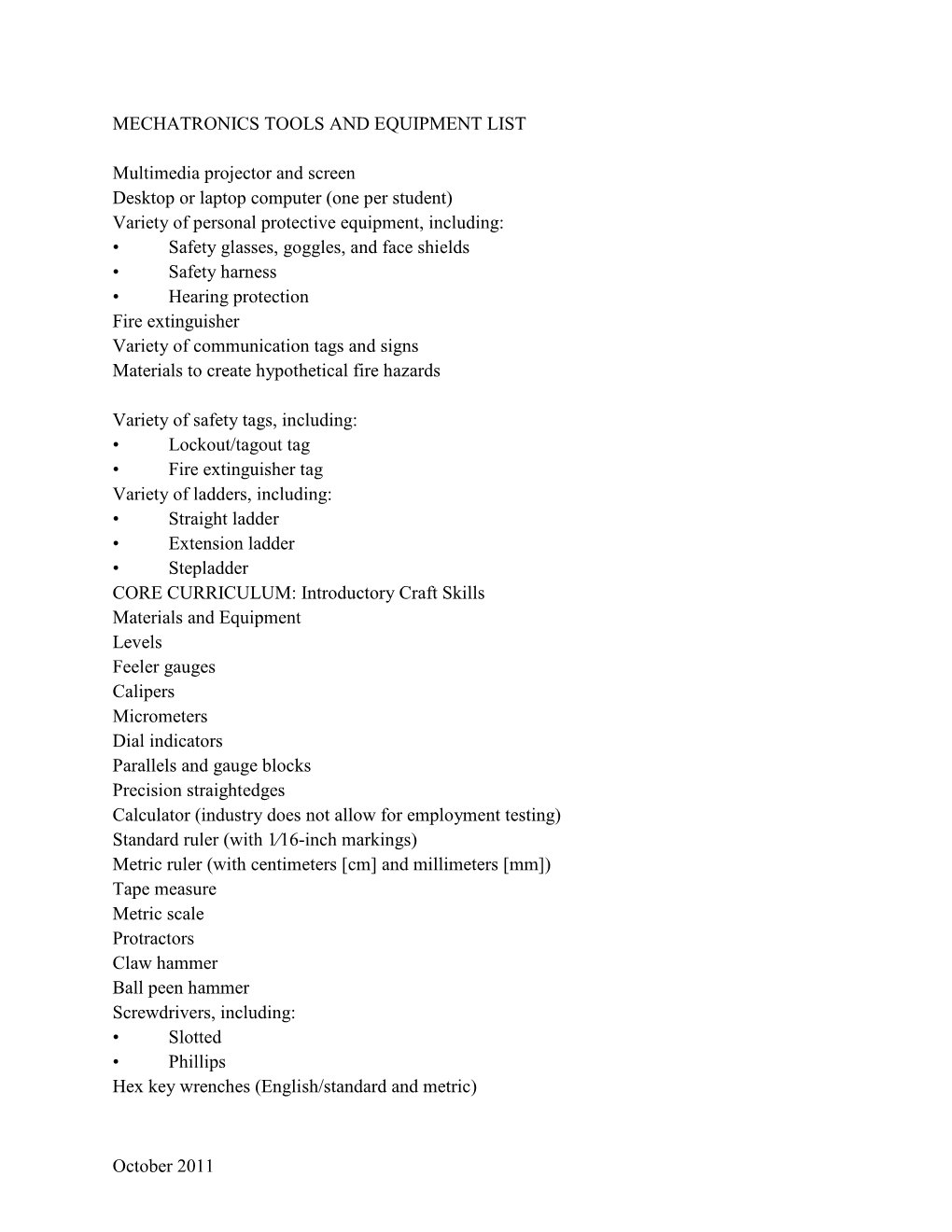 October 2011 MECHATRONICS TOOLS and EQUIPMENT LIST