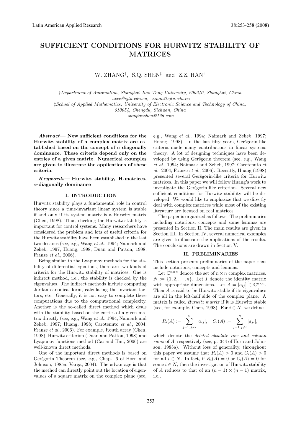 Sufficient Conditions for Hurwitz Stability of Matrices