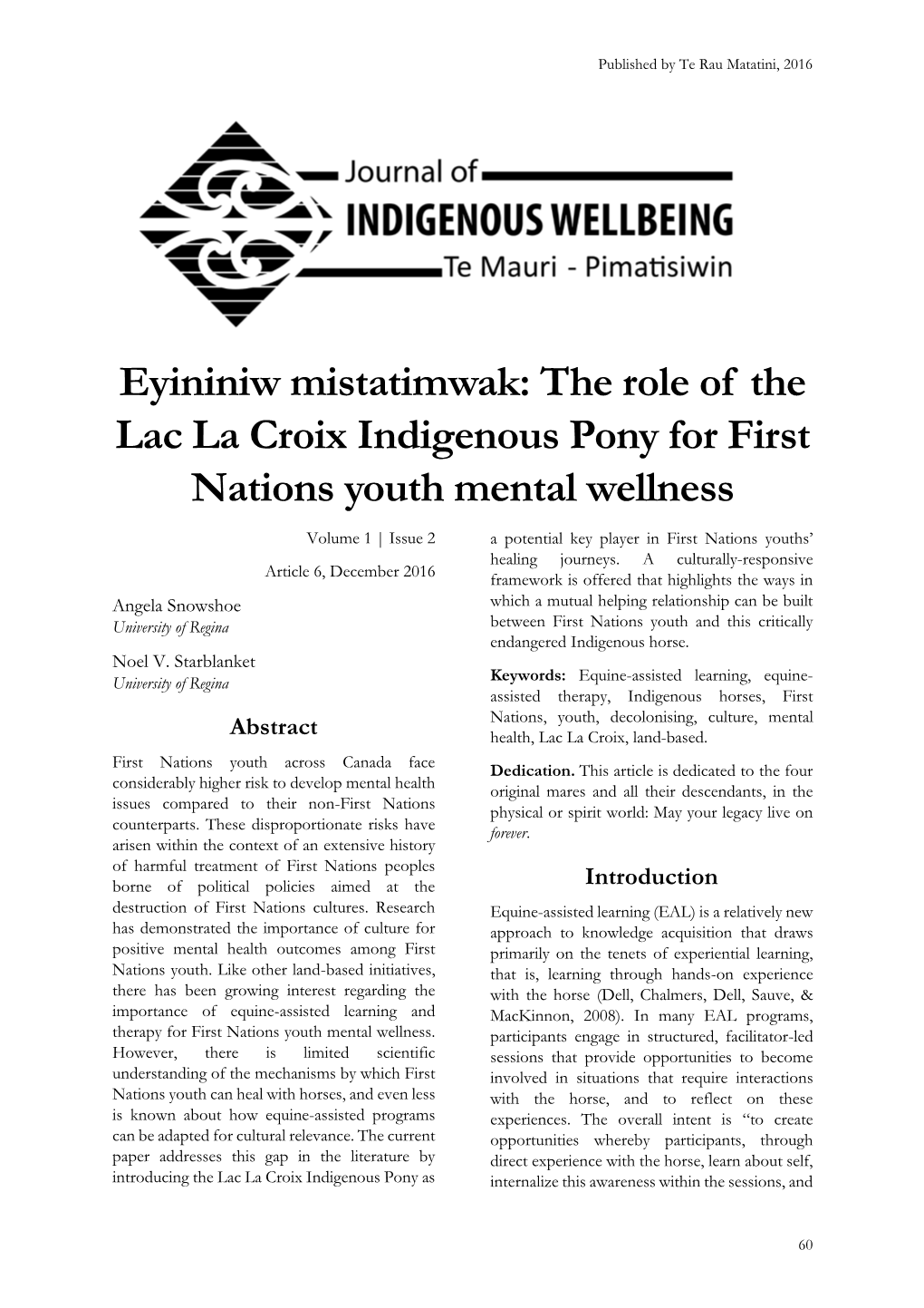 Eyininiw Mistatimwak: the Role of the Lac La Croix Indigenous Pony for First Nations Youth Mental Wellness
