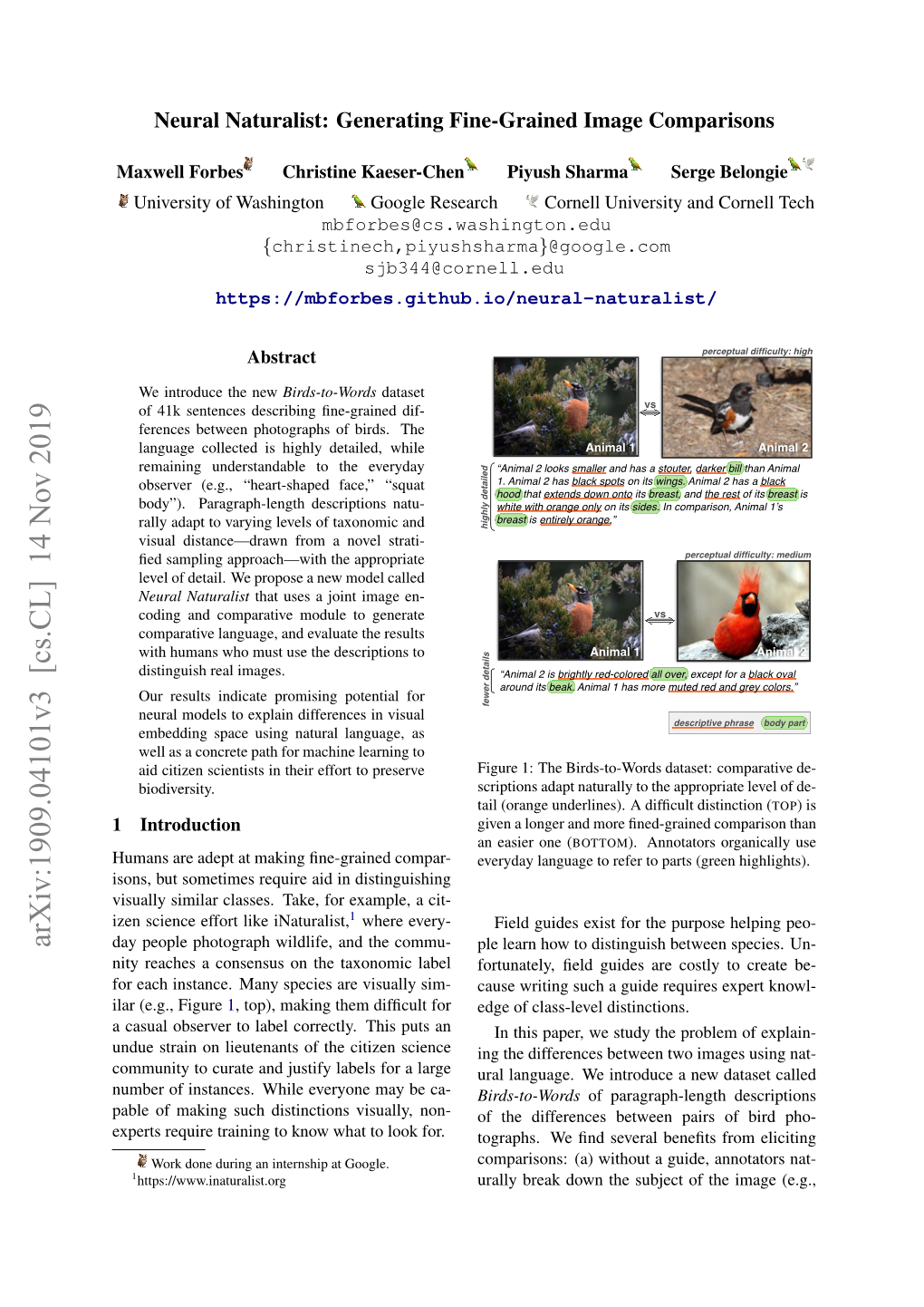 Arxiv:1909.04101V3 [Cs.CL] 14 Nov 2019 Day People Photograph Wildlife, and the Commu- Ple Learn How to Distinguish Between Species