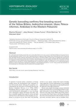 Genetic Barcoding Confirms First Breeding Record of the Yellow Bittern, Ixobrychus Sinensis, (Aves: Peleca- Niformes, Ardeidae) in the Western Palearctic