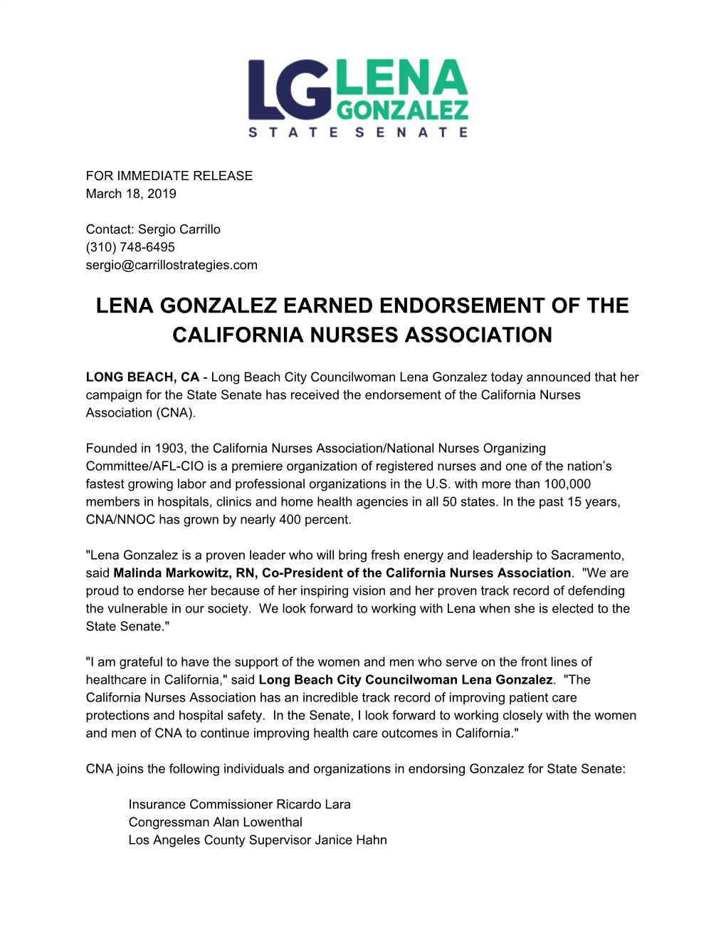 Lena Gonzalez Earned Endorsement of the California Nurses Association