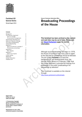 Broadcasting Proceedings of the House House of Commons Information Office Factsheet G5