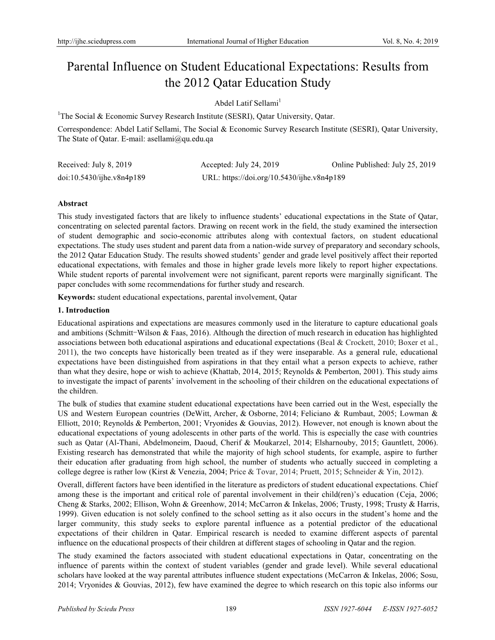 Parental Influence on Student Educational Expectations: Results from the 2012 Qatar Education Study
