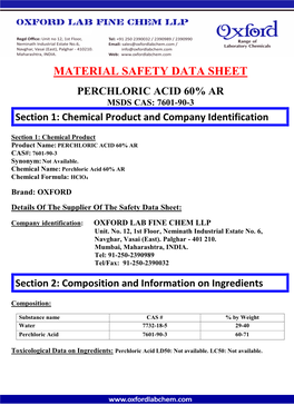 Material Safety Data Sheet Perchloric Acid 60% Ar Msds Cas: 7601-90-3