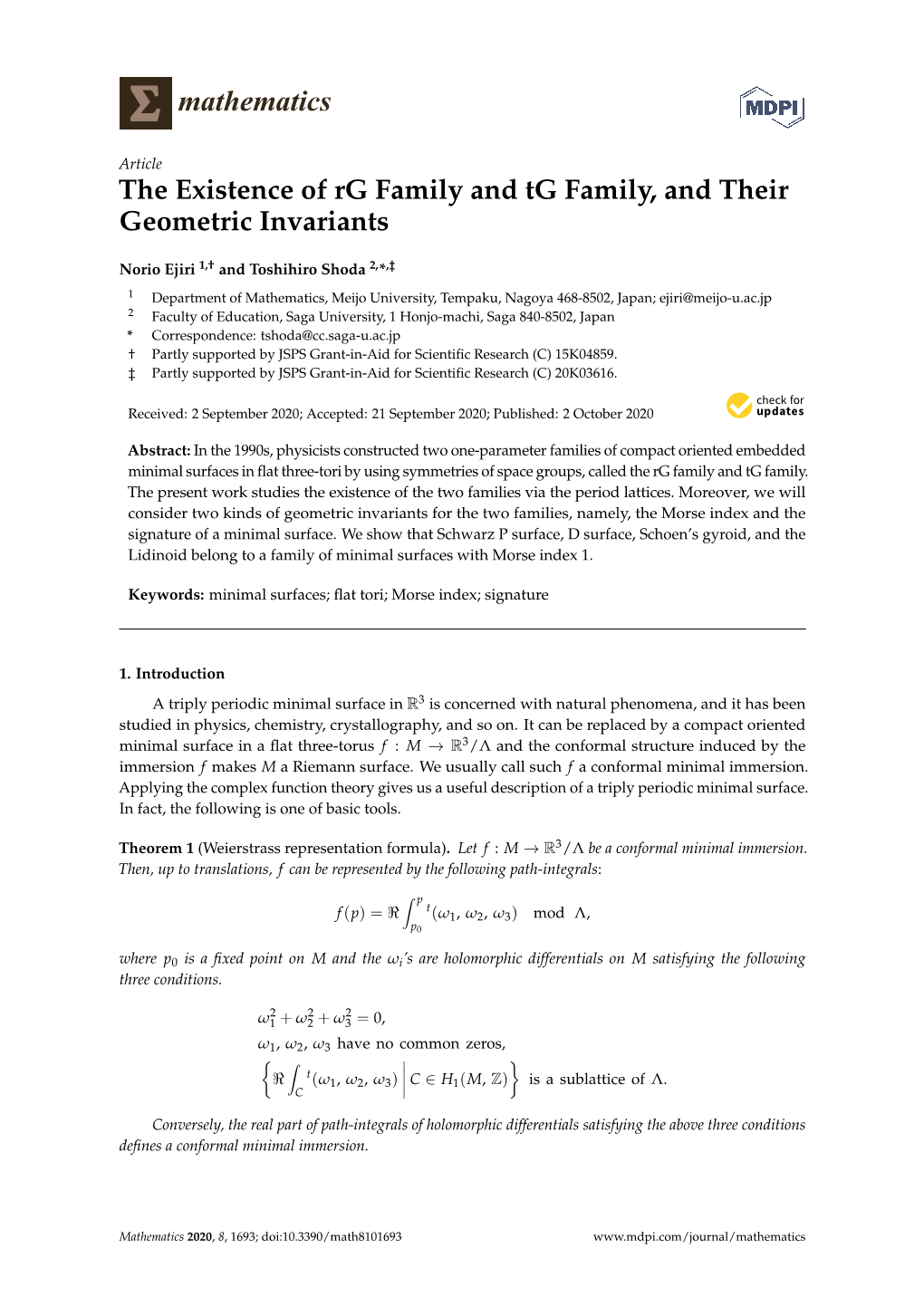 The Existence of Rg Family and Tg Family, and Their Geometric Invariants