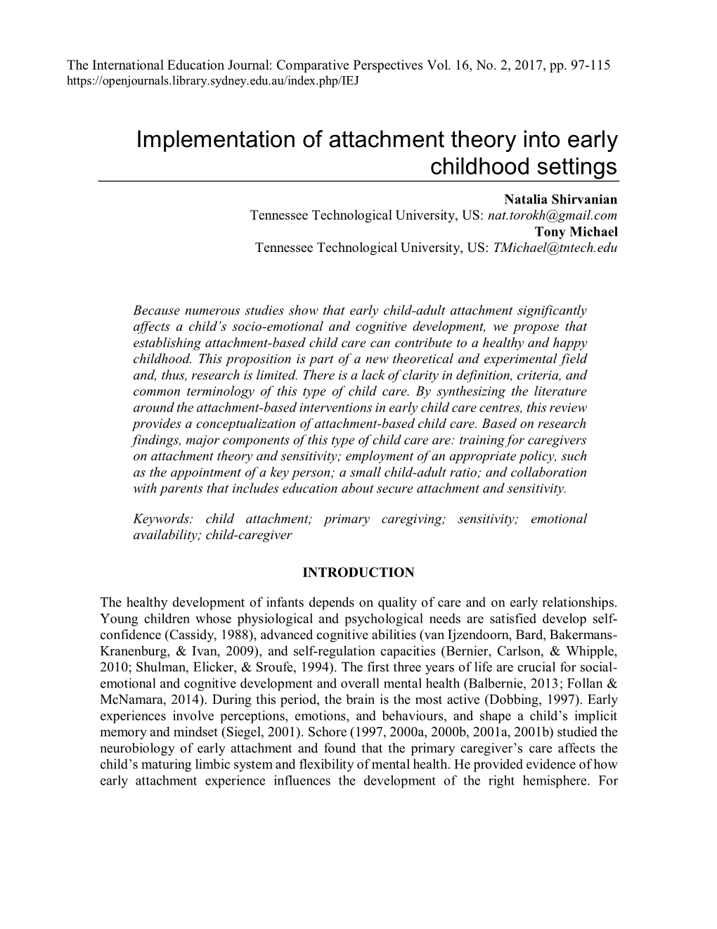 Implementation of Attachment Theory Into Early Childhood Settings