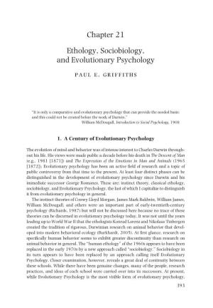 Chapter 21 Ethology, Sociobiology, and Evolutionary Psychology Paul E