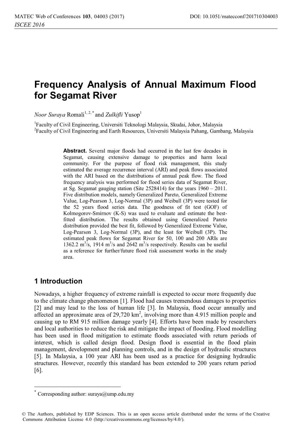 Frequency Analysis of Annual Maximum Flood for Segamat River