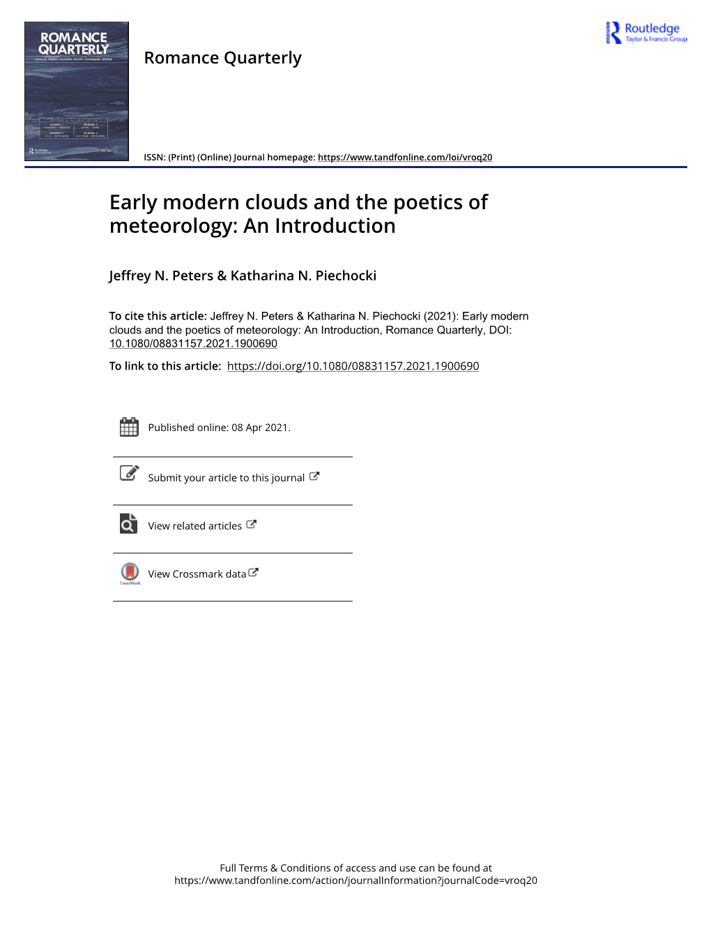 Early Modern Clouds and the Poetics of Meteorology: an Introduction