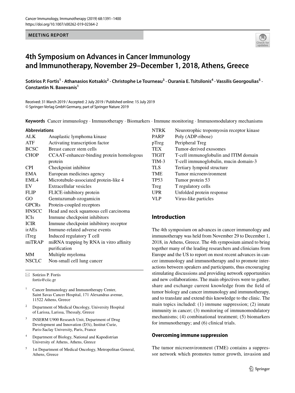 4Th Symposium on Advances in Cancer Immunology and Immunotherapy, November 29–December 1, 2018, Athens, Greece
