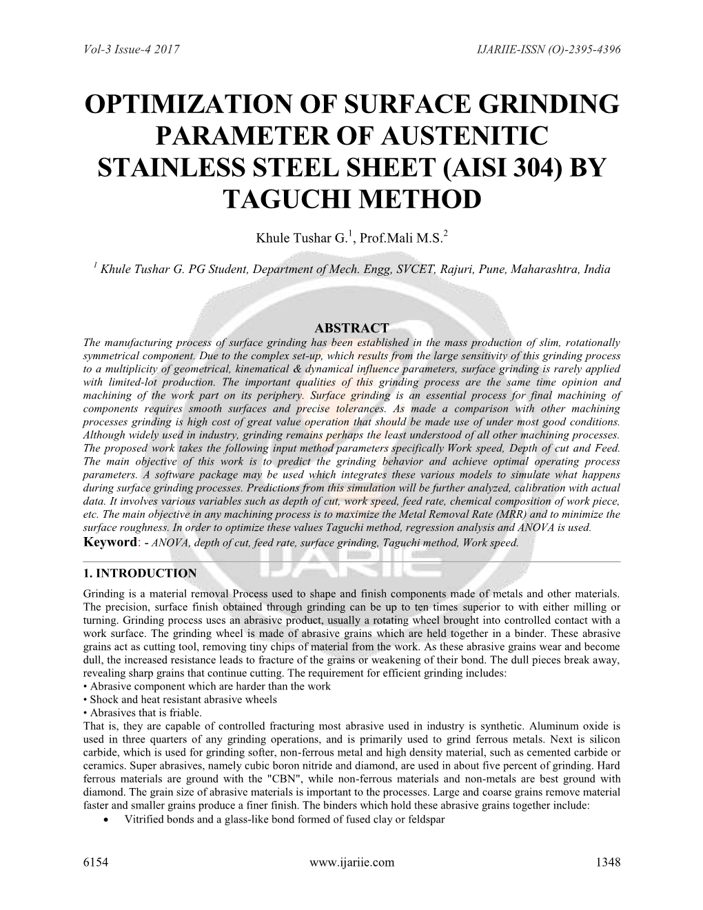 Optimization of Surface Grinding Parameter of Austenitic Stainless Steel Sheet (Aisi 304) by Taguchi Method