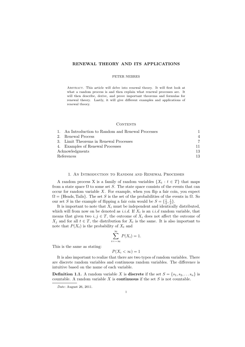 RENEWAL THEORY and ITS APPLICATIONS Contents 1. An