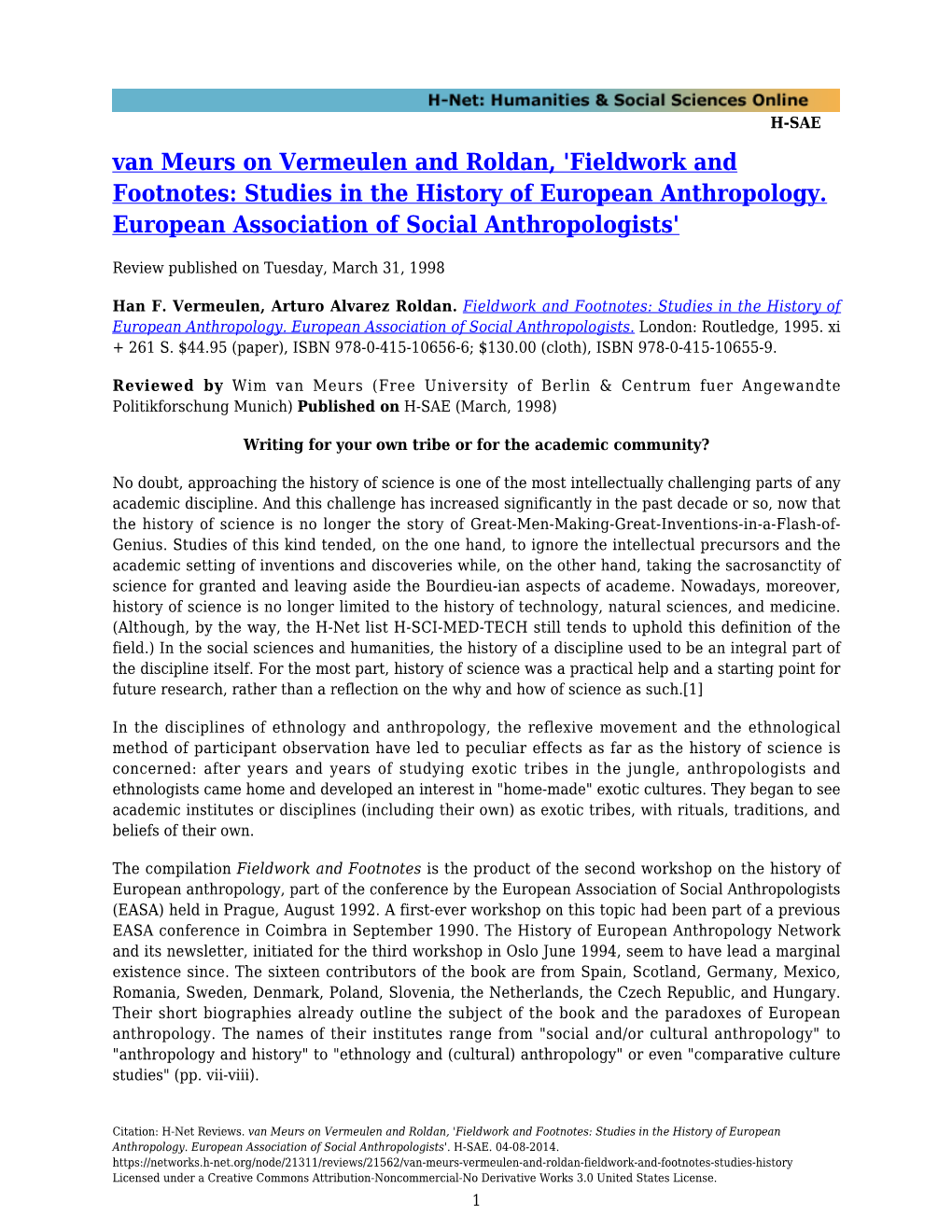 Van Meurs on Vermeulen and Roldan, 'Fieldwork and Footnotes: Studies in the History of European Anthropology