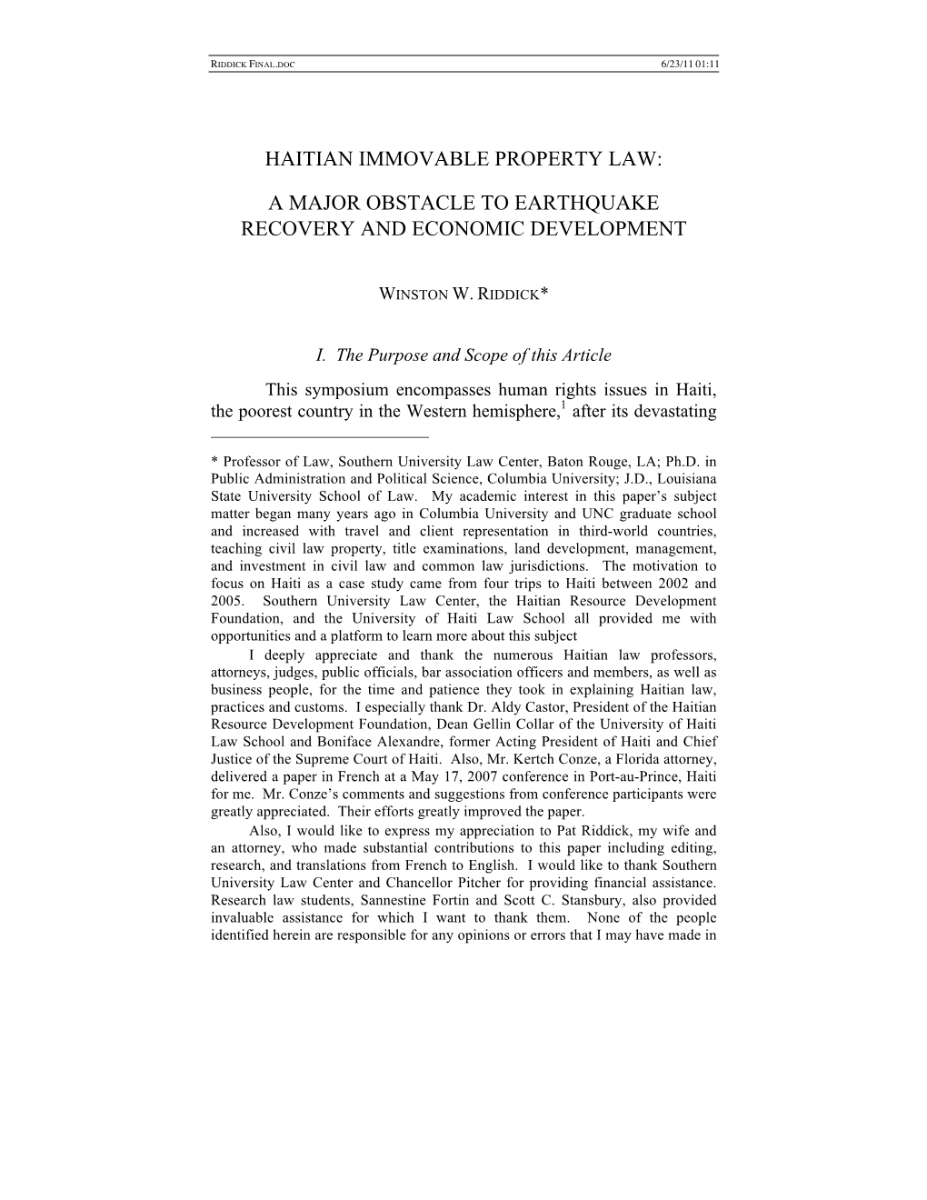 Haitian Immovable Property Law: a Major Obstacle to Earthquake Recovery and Economic Development