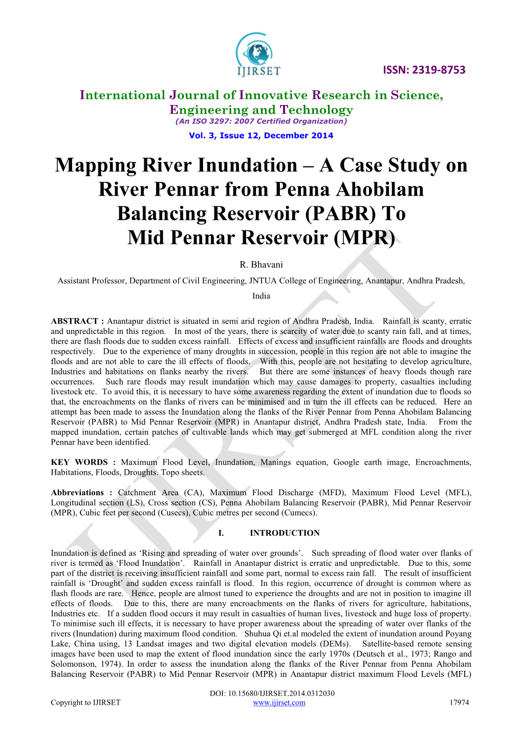 Mapping River Inundation – a Case Study on River Pennar from Penna Ahobilam Balancing Reservoir (PABR) to Mid Pennar Reservoir (MPR)