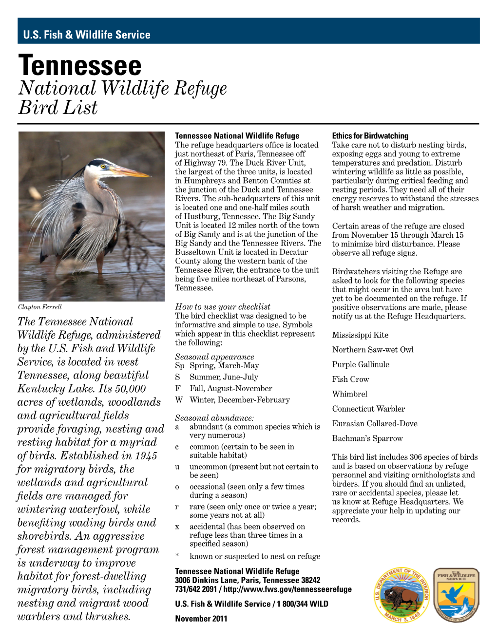 Tennessee National Wildlife Refuge Bird List