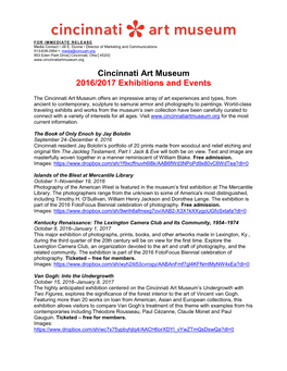 Cincinnati Art Museum 2016/2017 Exhibitions and Events
