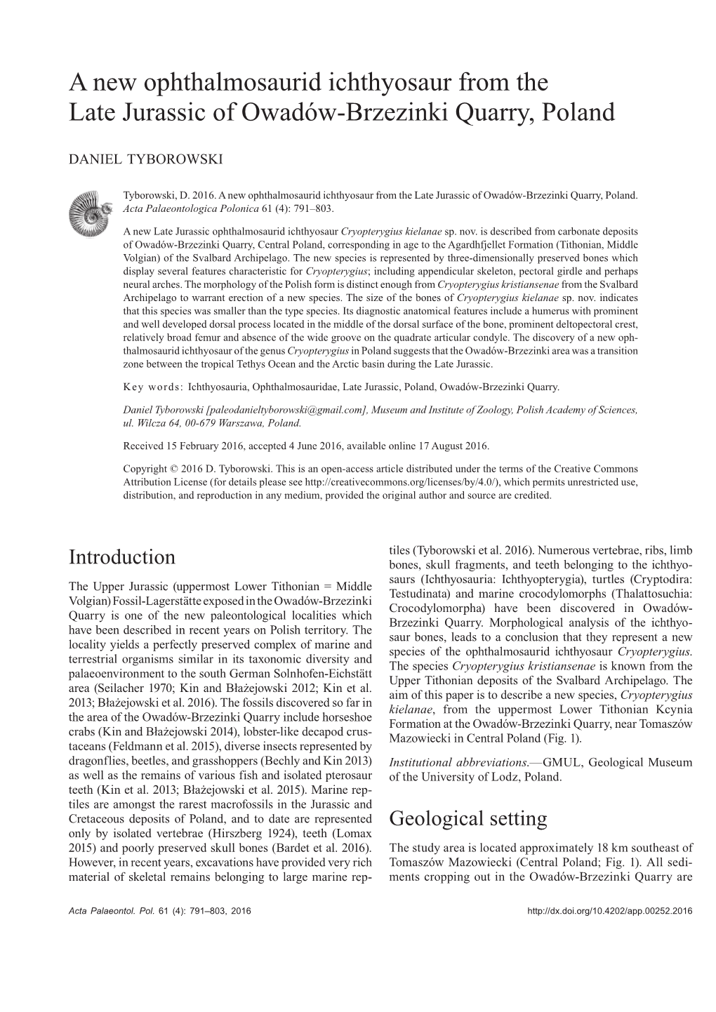 A New Ophthalmosaurid Ichthyosaur from the Late Jurassic of Owadów-Brzezinki Quarry, Poland