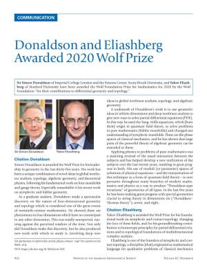 Donaldson and Eliashberg Awarded 2020 Wolf Prize