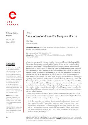 Questions of Address: for Meaghan Morris Vol