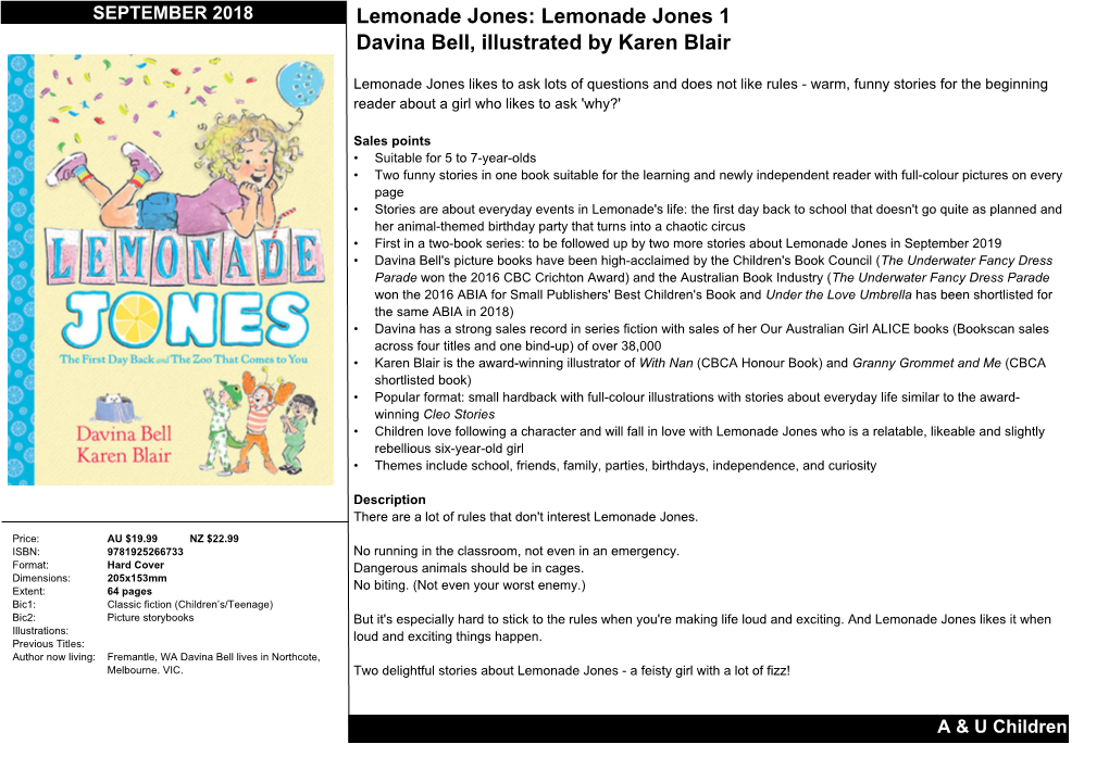 Lemonade Jones: Lemonade Jones 1 Davina Bell, Illustrated by Karen Blair