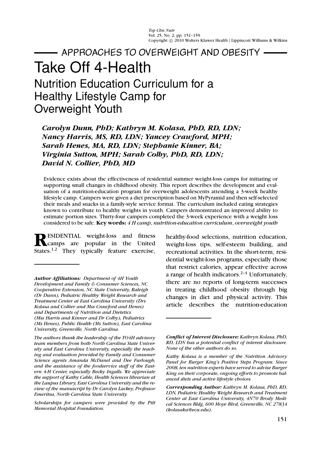 Take Off 4-Health Nutrition Education Curriculum for a Healthy Lifestyle Camp for Overweight Youth