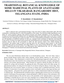 Traditional Botanical Knowledge of Some Madicinal Plants of Anantagiri Hills in Vikarabad, Rangareddy Dist, Telangana State, India