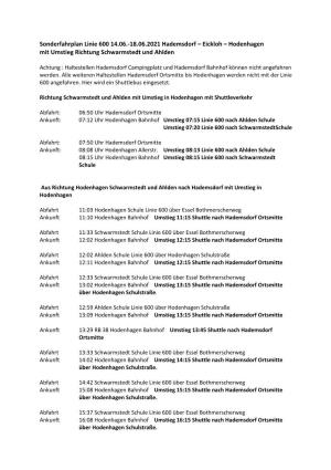 Sonderfahrplan Linie 600 14.06.-18.06.2021 Hademsdorf – Eickloh – Hodenhagen Mit Umstieg Richtung Schwarmstedt Und Ahlden