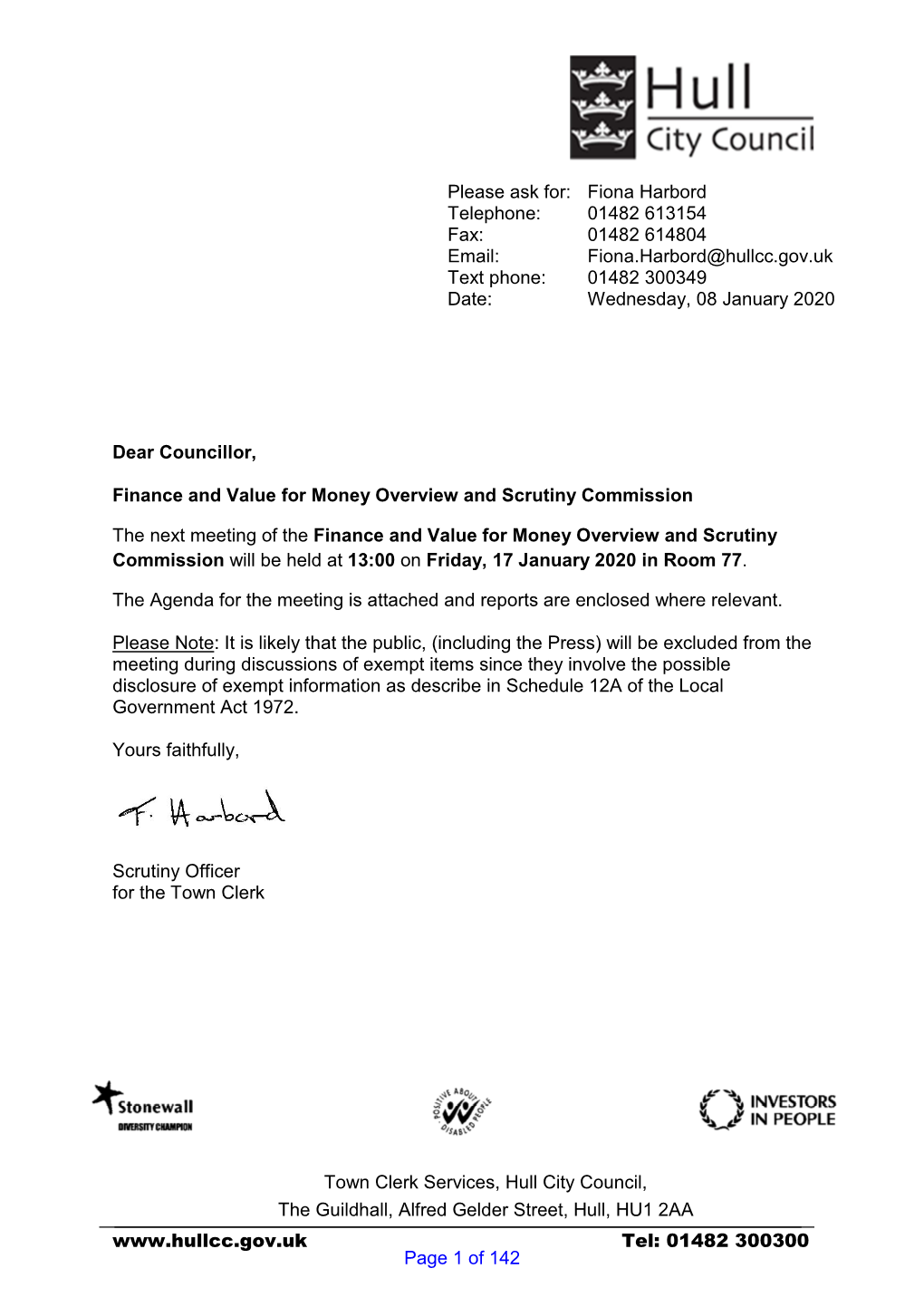 Of the Finance and Value for Money Overview and Scrutiny Commission Will Be Held at 13:00 on Friday, 17 January 2020 in Room 77