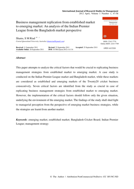 Business Management Replication from Established Market to Emerging Market: an Analysis of the Indian Premier League from the Bangladesh Market Perspective