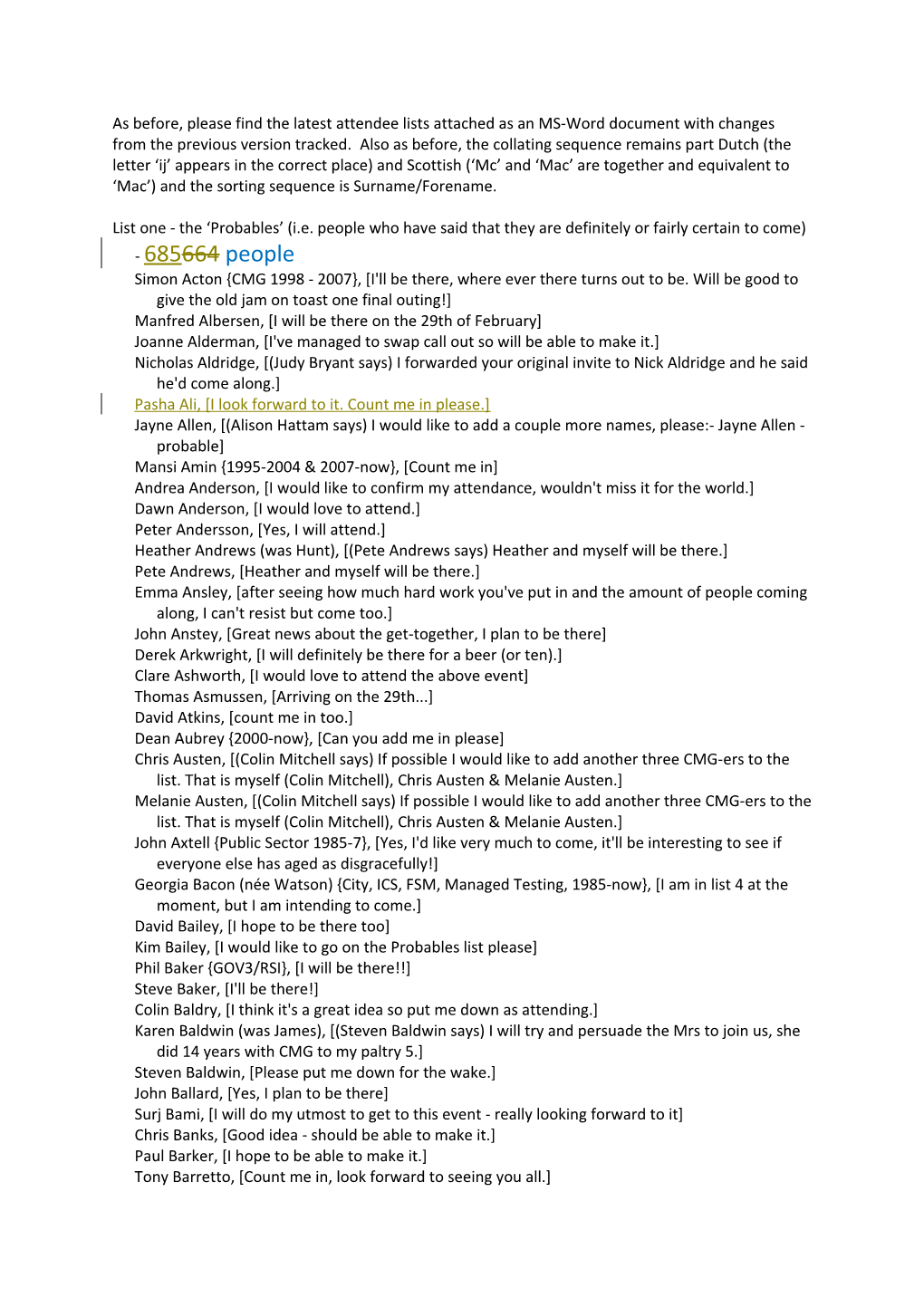As Before, Please Find the Latest Attendee Lists Attached As an MS-Word Document with Changes