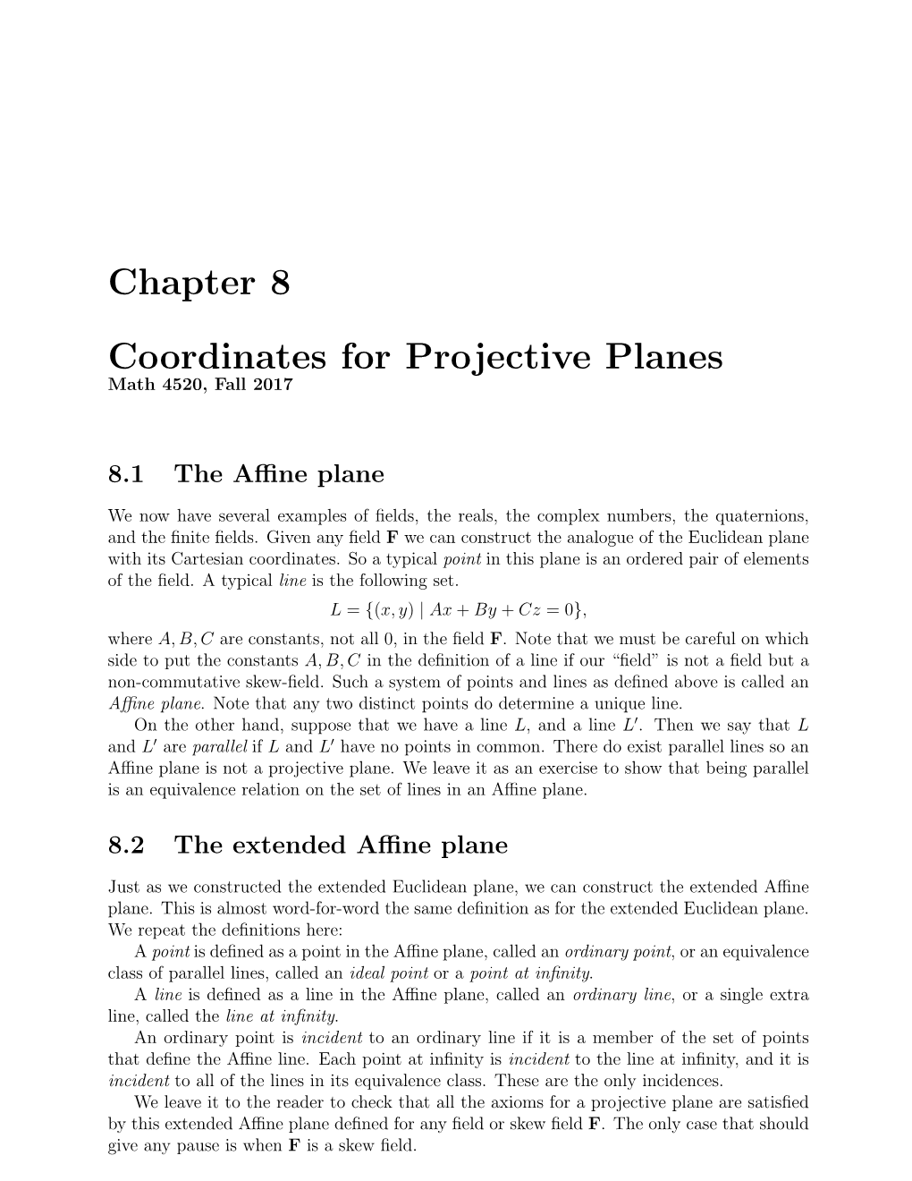 Chapter 8 Coordinates for Projective Planes