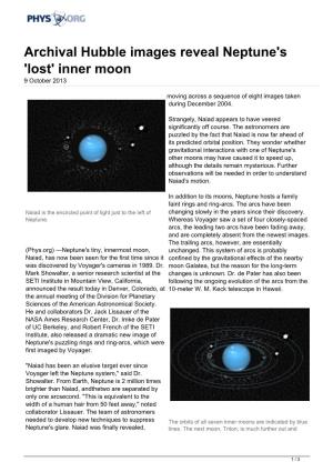 Archival Hubble Images Reveal Neptune's 'Lost' Inner Moon 9 October 2013