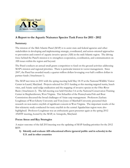 A Report to the Aquatic Nuisance Species Task Force for 2011 - 2012
