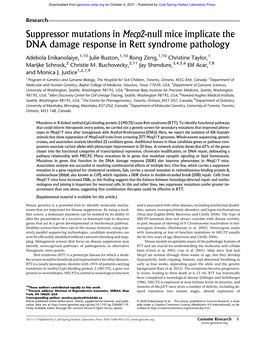 Suppressor Mutations in Mecp2-Null Mice Implicate the DNA Damage Response in Rett Syndrome Pathology
