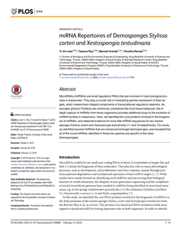 Mirna Repertoires of Demosponges Stylissa Carteri and Xestospongia Testudinaria